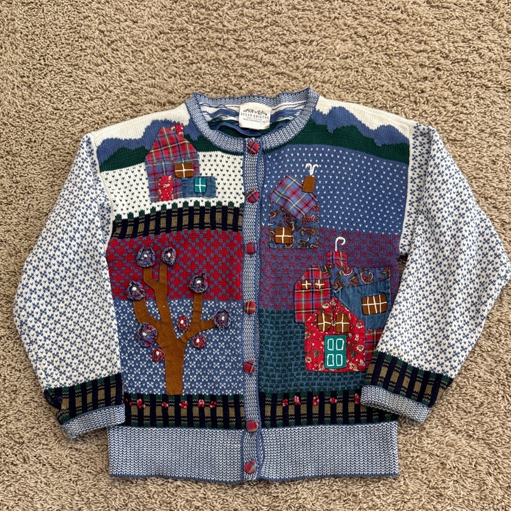 Vintage Womens 1991 Patchwork Wool-blend Cardigan Sweater, sz S, Y2K Granny